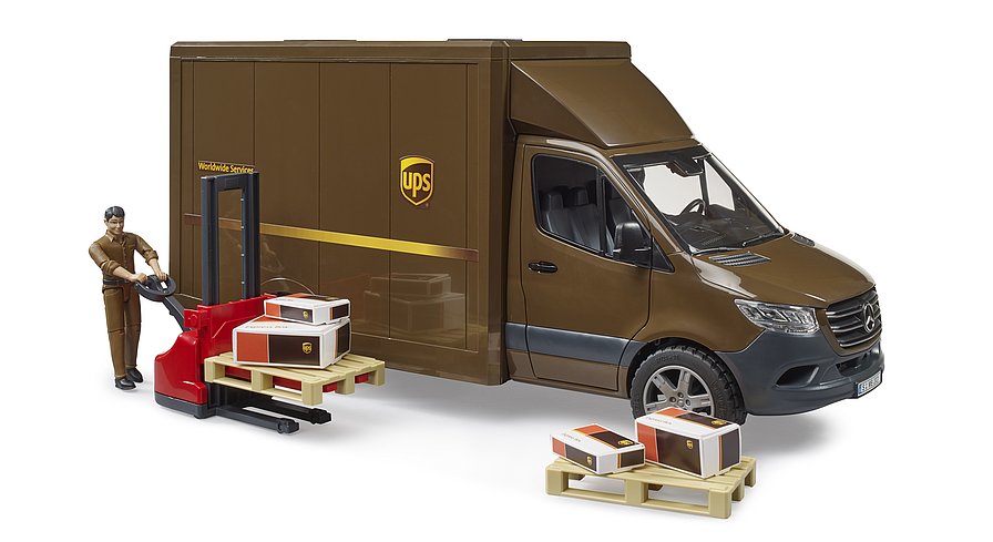 bruder MB Sprinter UPS mit Fahrer und Zubehör, Modellfahrzeug braun