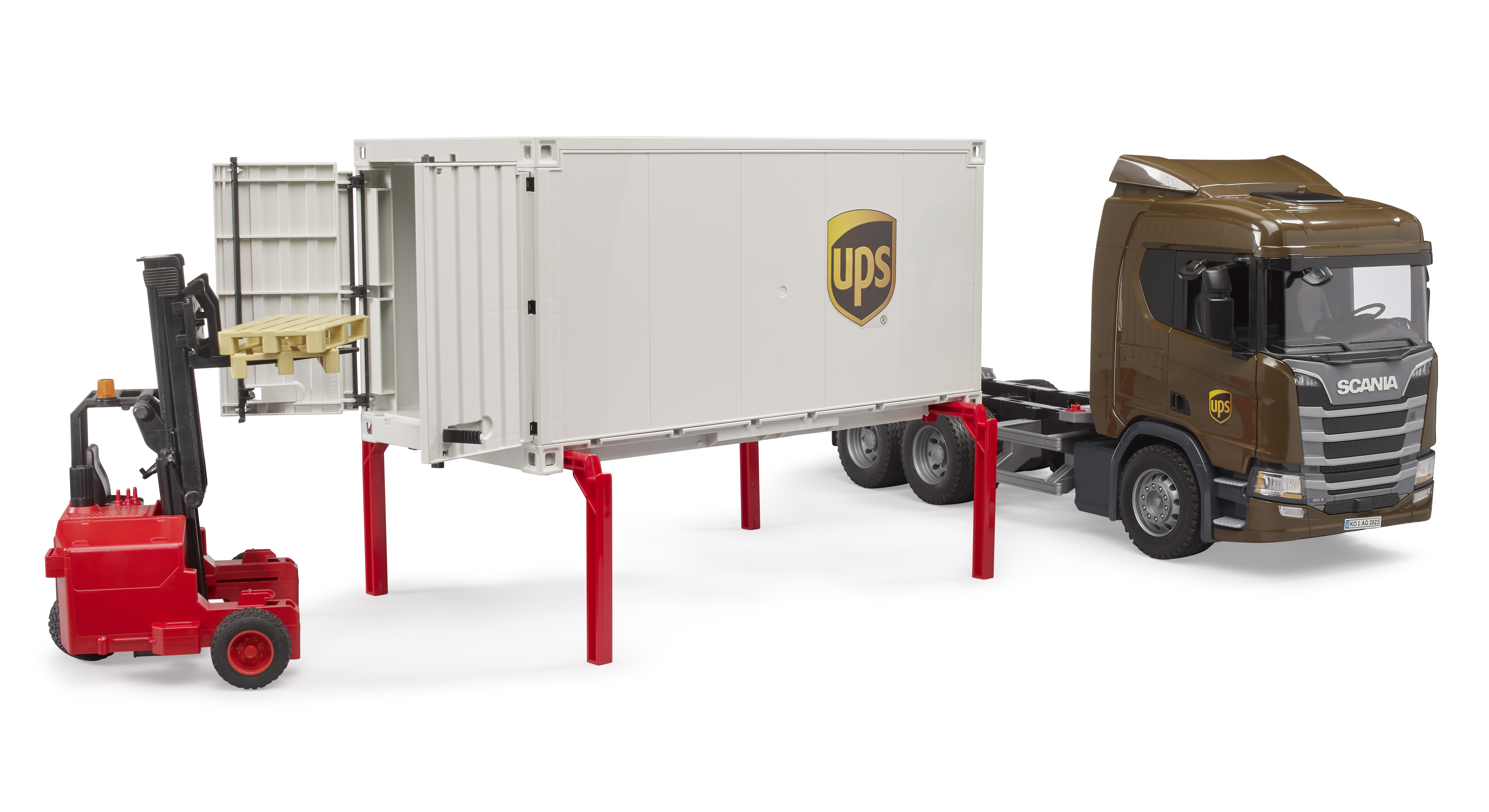Camión logístico Scania Super 560R UPS con toro transportable Camión logístico Scania Super 560R UPS con toro transportable