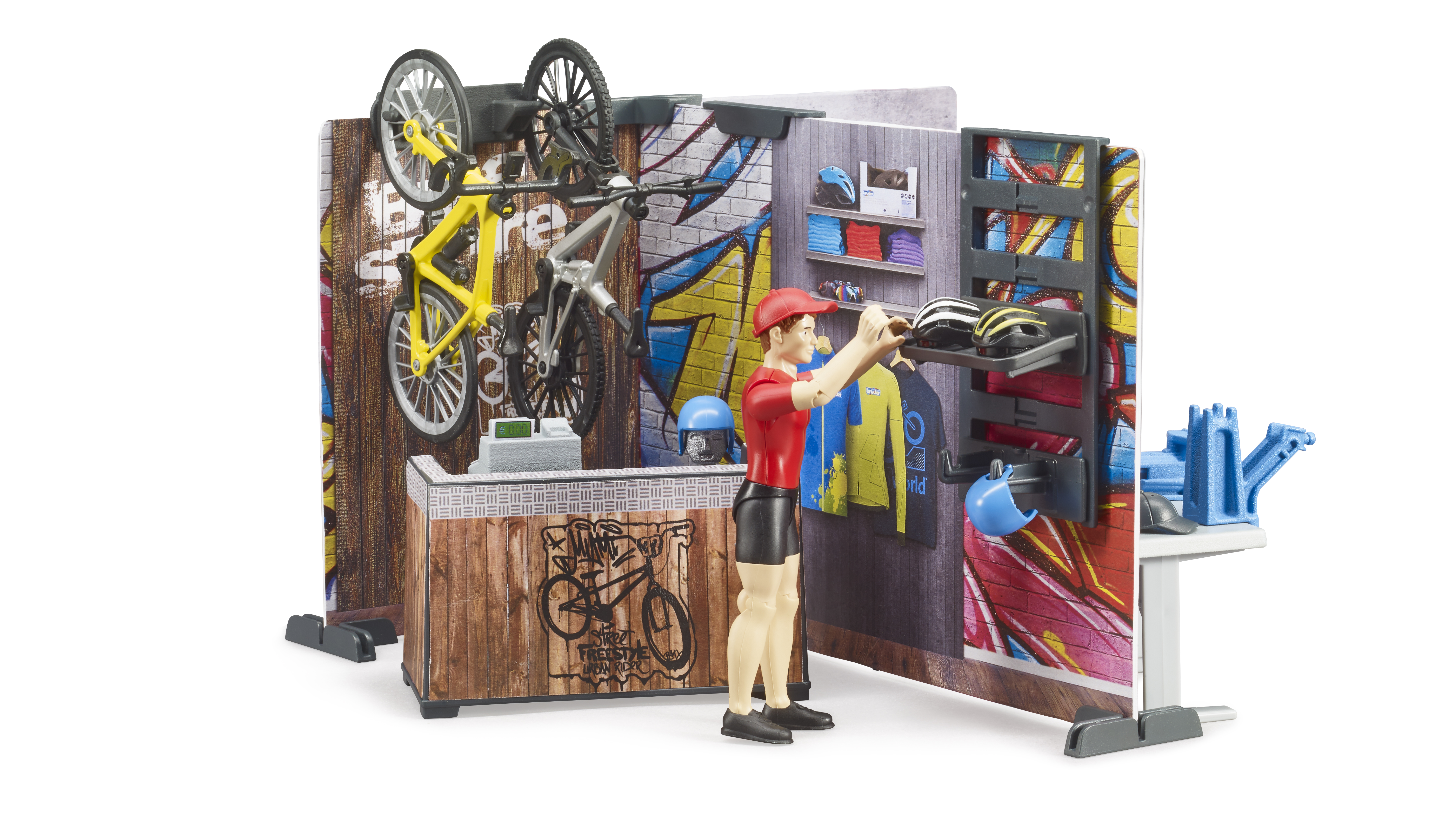 Boutique et atelier de vélos bworld avec figurine et vélos