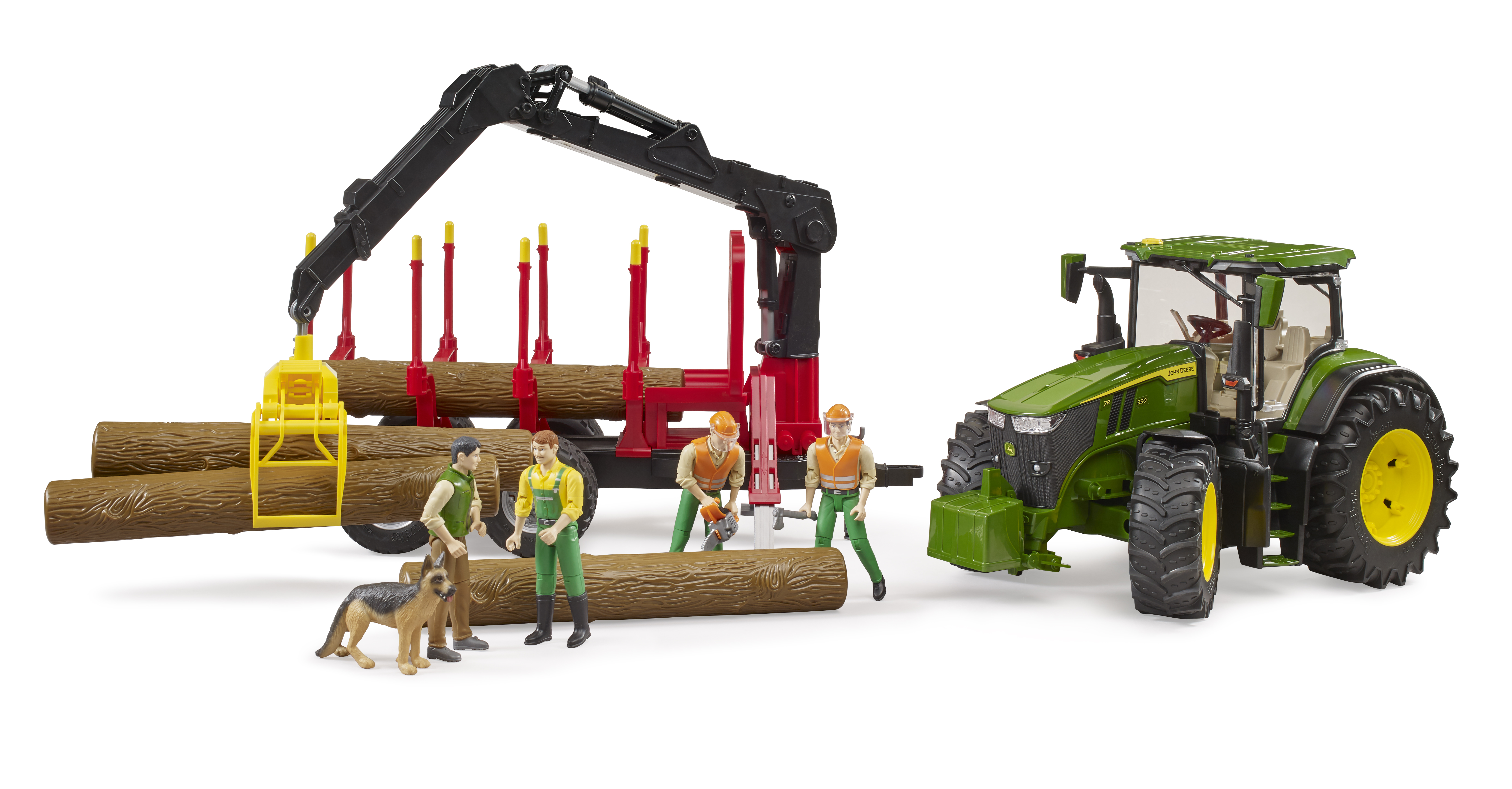 John Deere 7R con remolque autocargador y 4 troncos de árbol John Deere 7R con remolque autocargador y 4 troncos de árbol