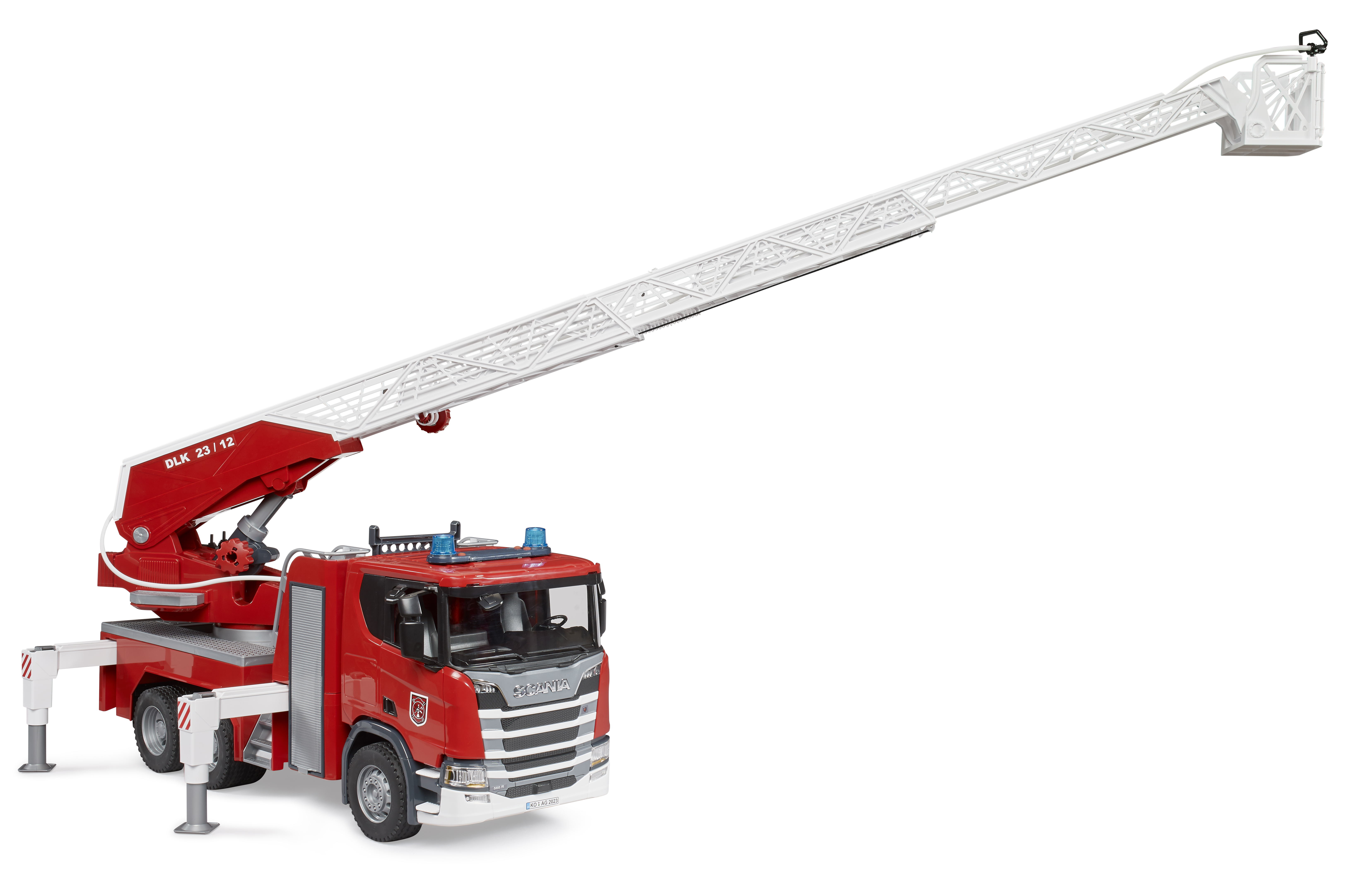 Camion de pompiers avec échelle pivotante Scania Super 560R, pompe à eau et module son + lumière Camion de pompiers avec échelle pivotante Scania Super 560R, pompe à eau et module son + lumière