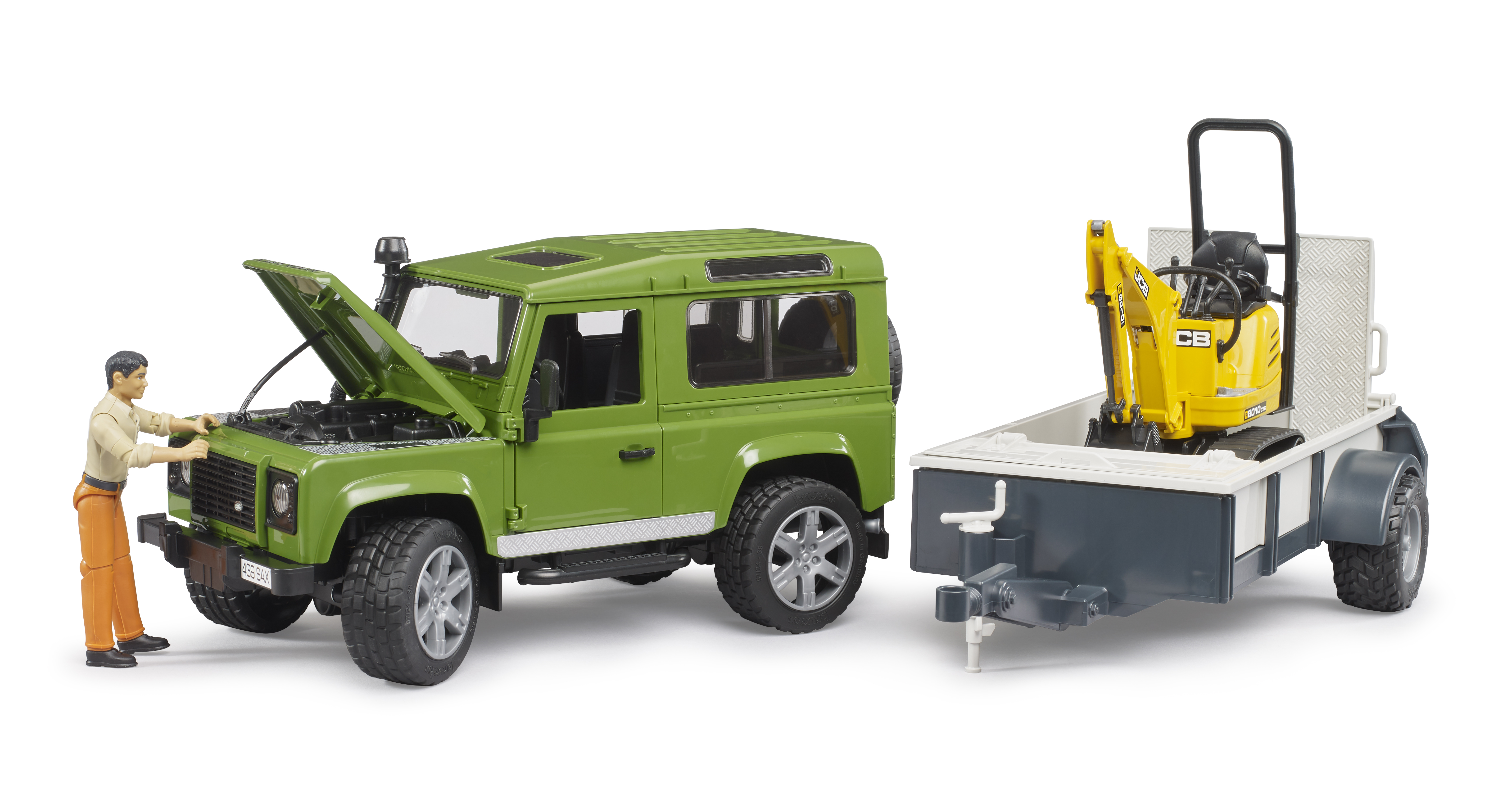 Land Rover Defender con remolque, microexcavadora JCB y figura Land Rover Defender con remolque, microexcavadora JCB y figura