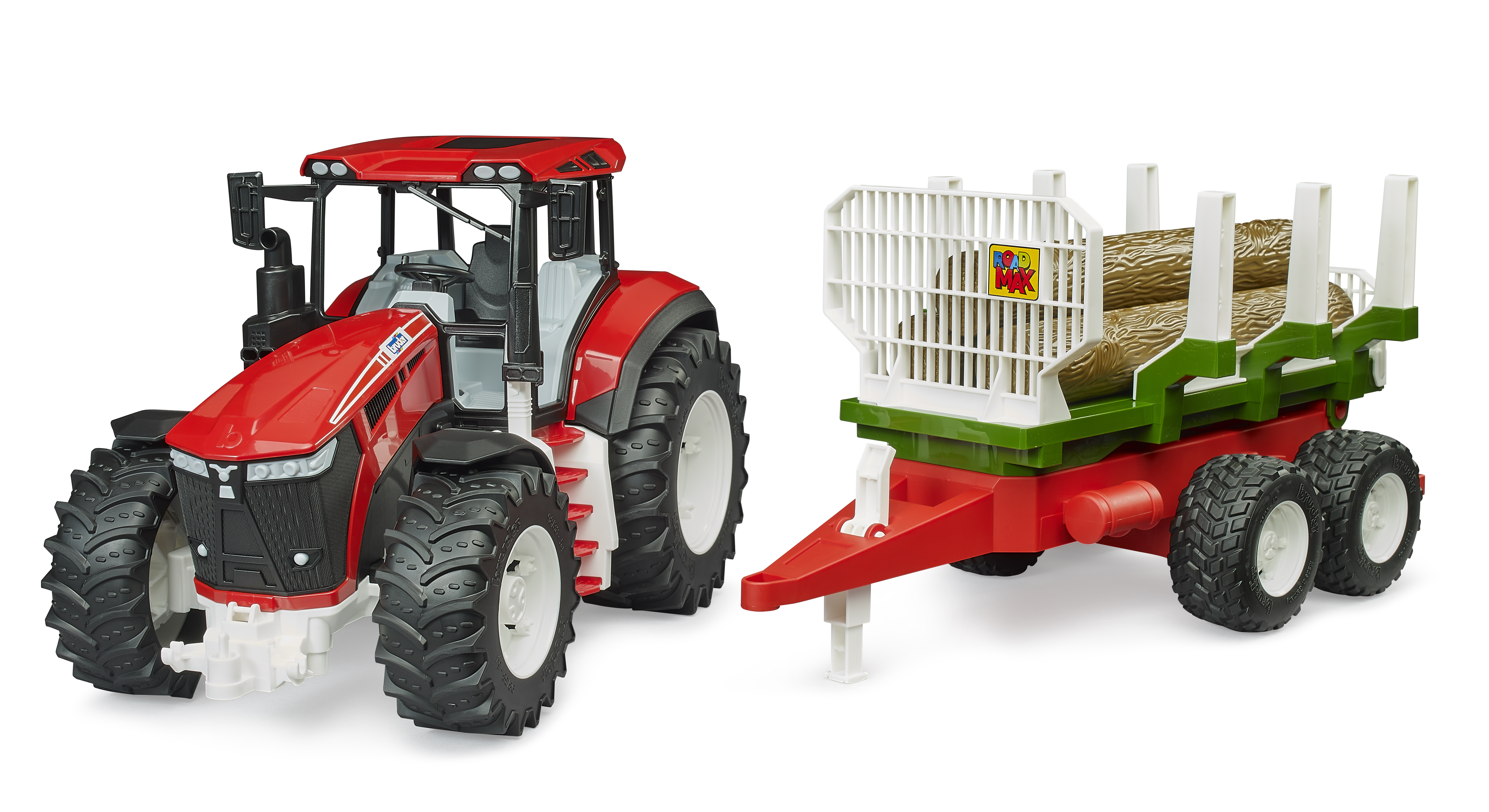 Tracteur ROADMAX avec remorque forestière et 3 troncs d’arbre
