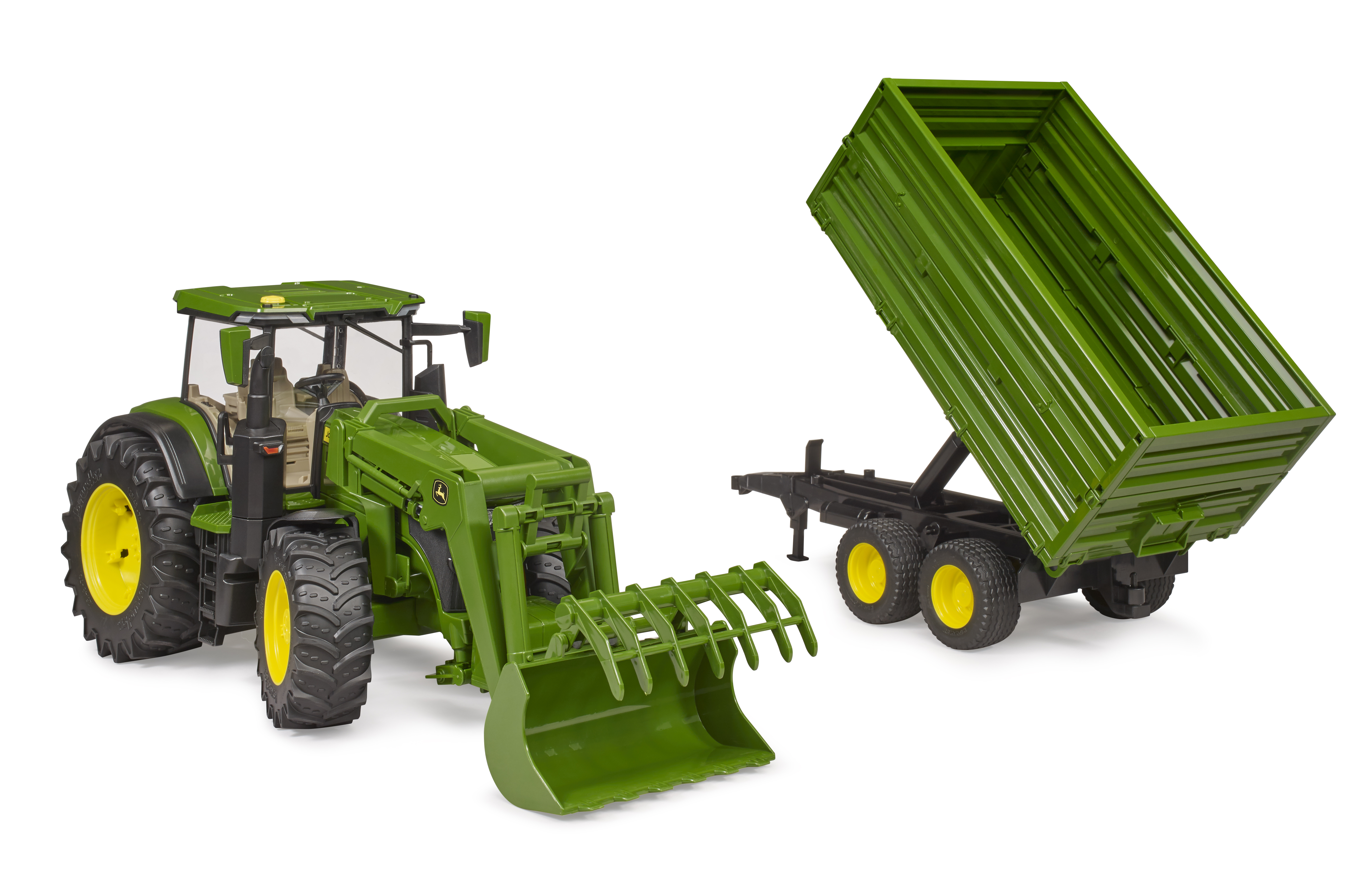 John Deere 7R avec chargeur avant et remorque avec attelage tandem John Deere 7R avec chargeur avant et remorque avec attelage tandem
