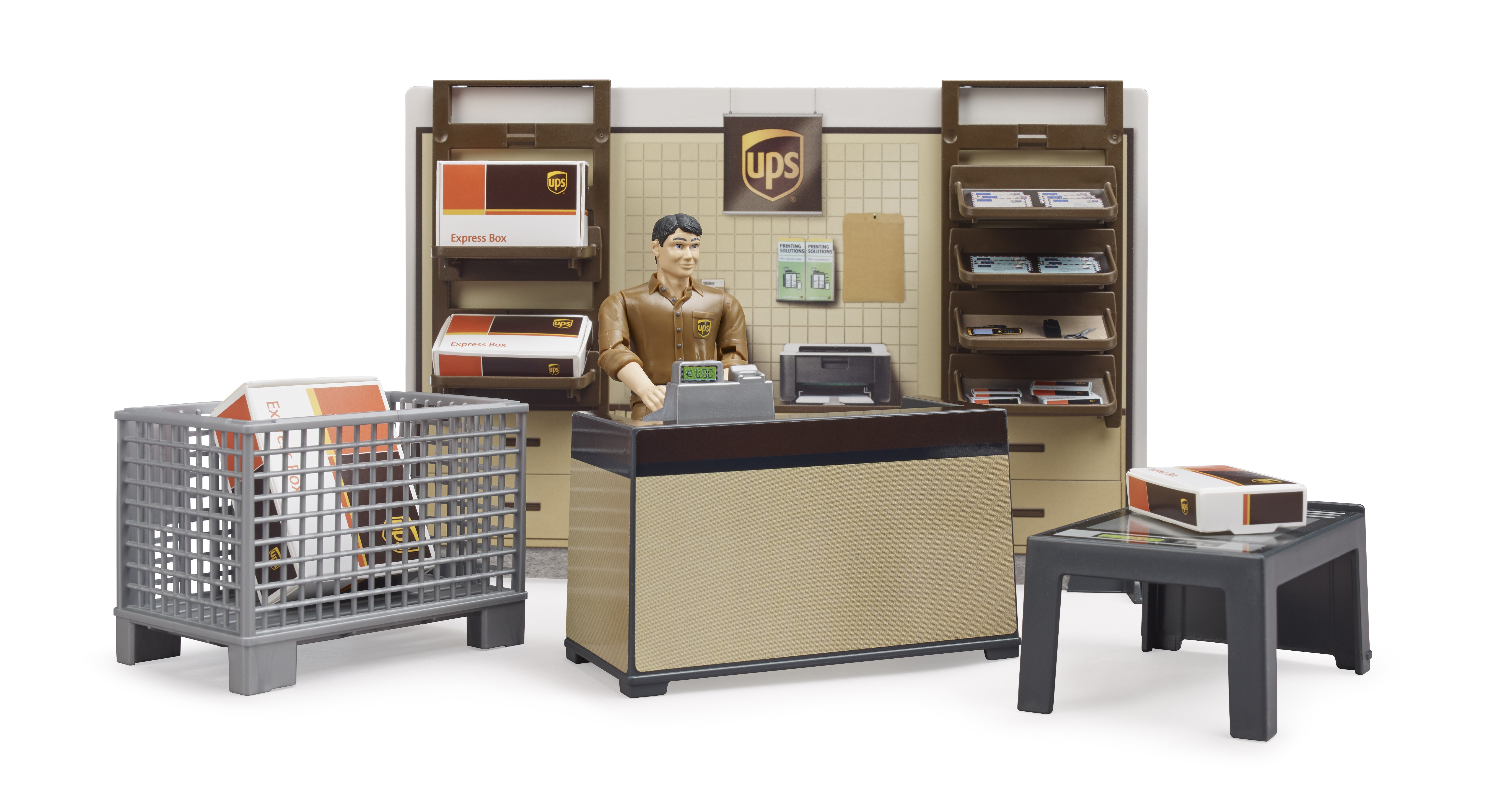 Tienda de paquetería UPS de bworld con figura
