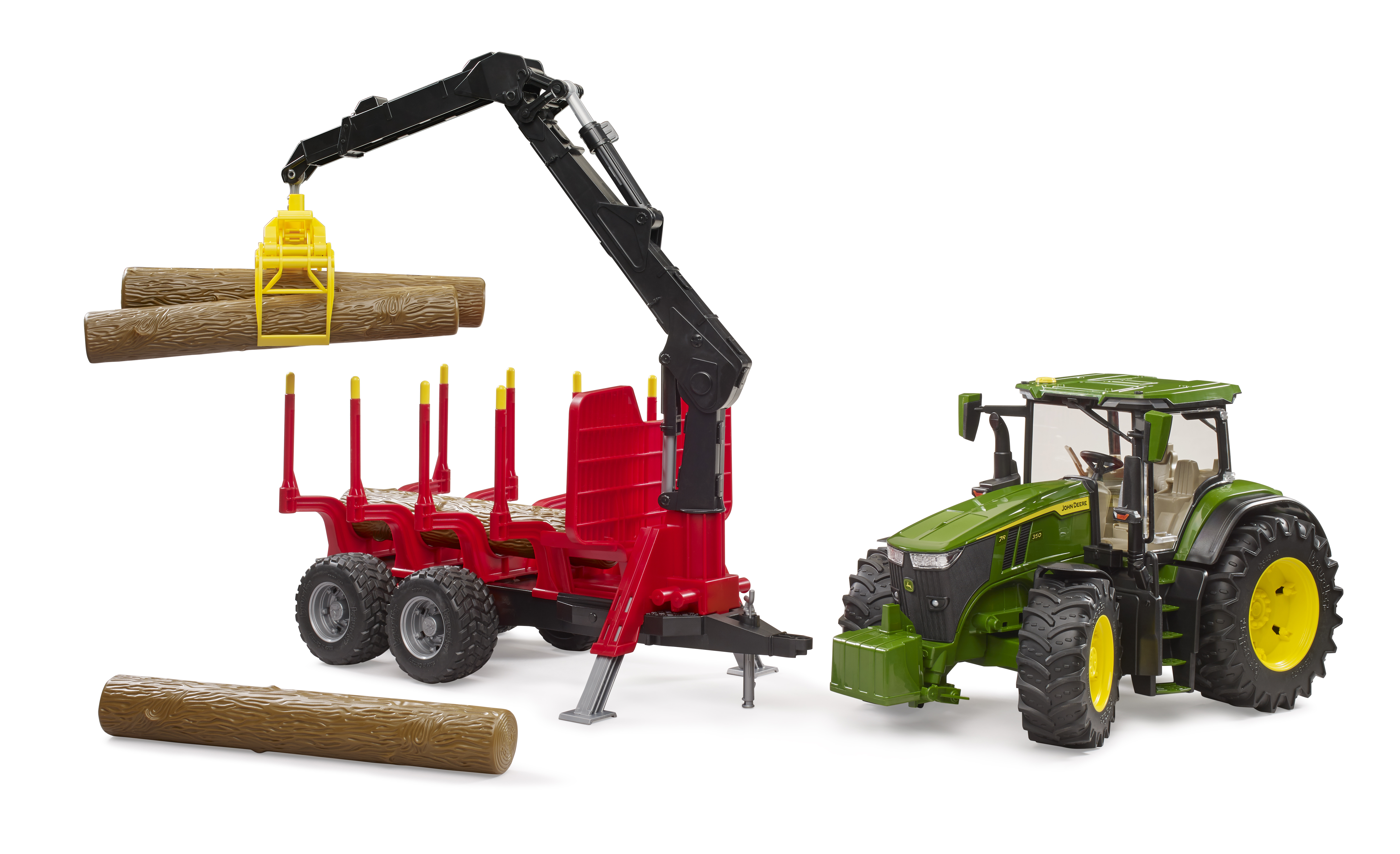 John Deere 7R con remolque autocargador y 4 troncos de árbol John Deere 7R con remolque autocargador y 4 troncos de árbol