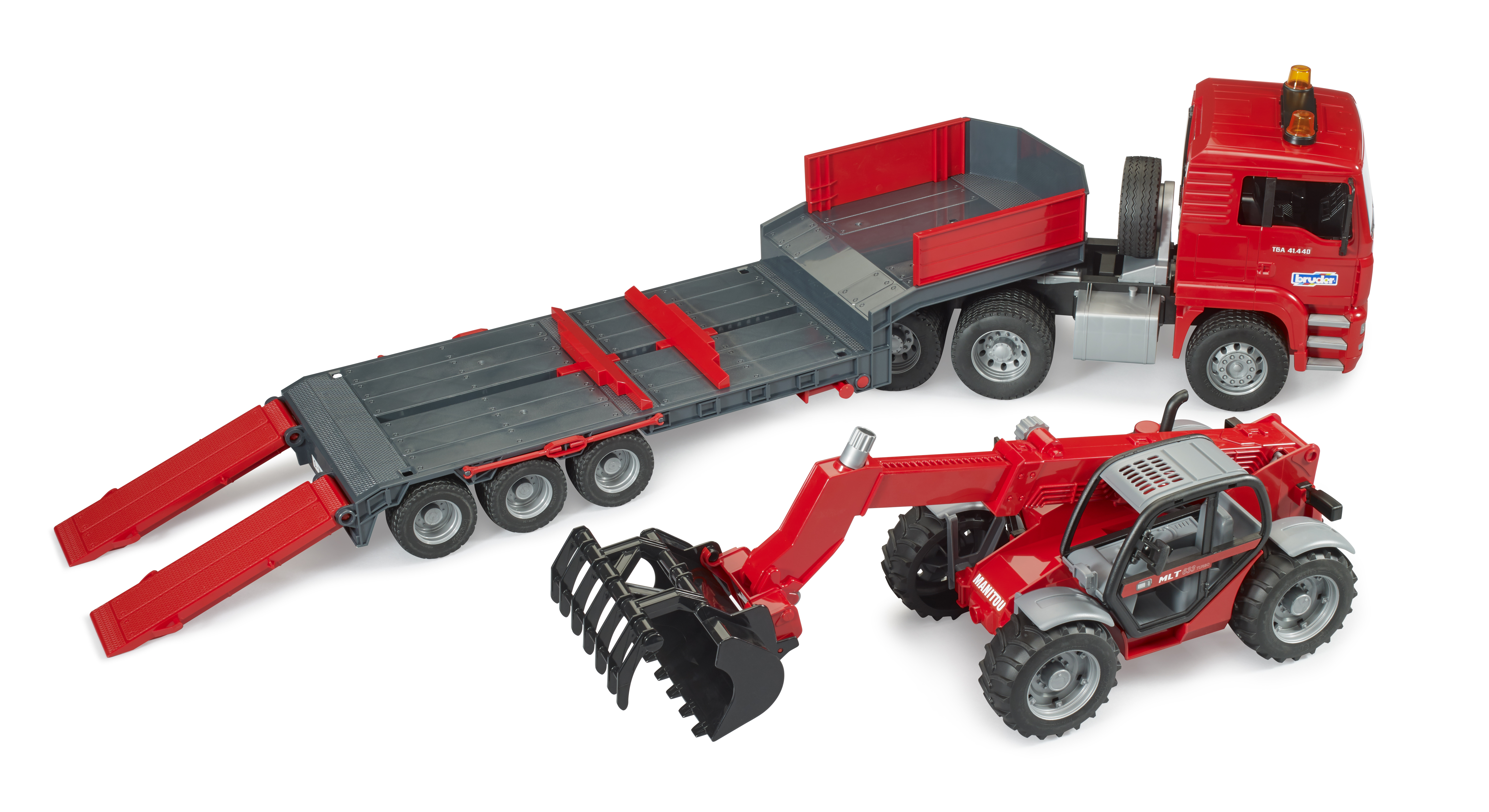 MAN TGA truck with low loader trailer and Manitou telehandler