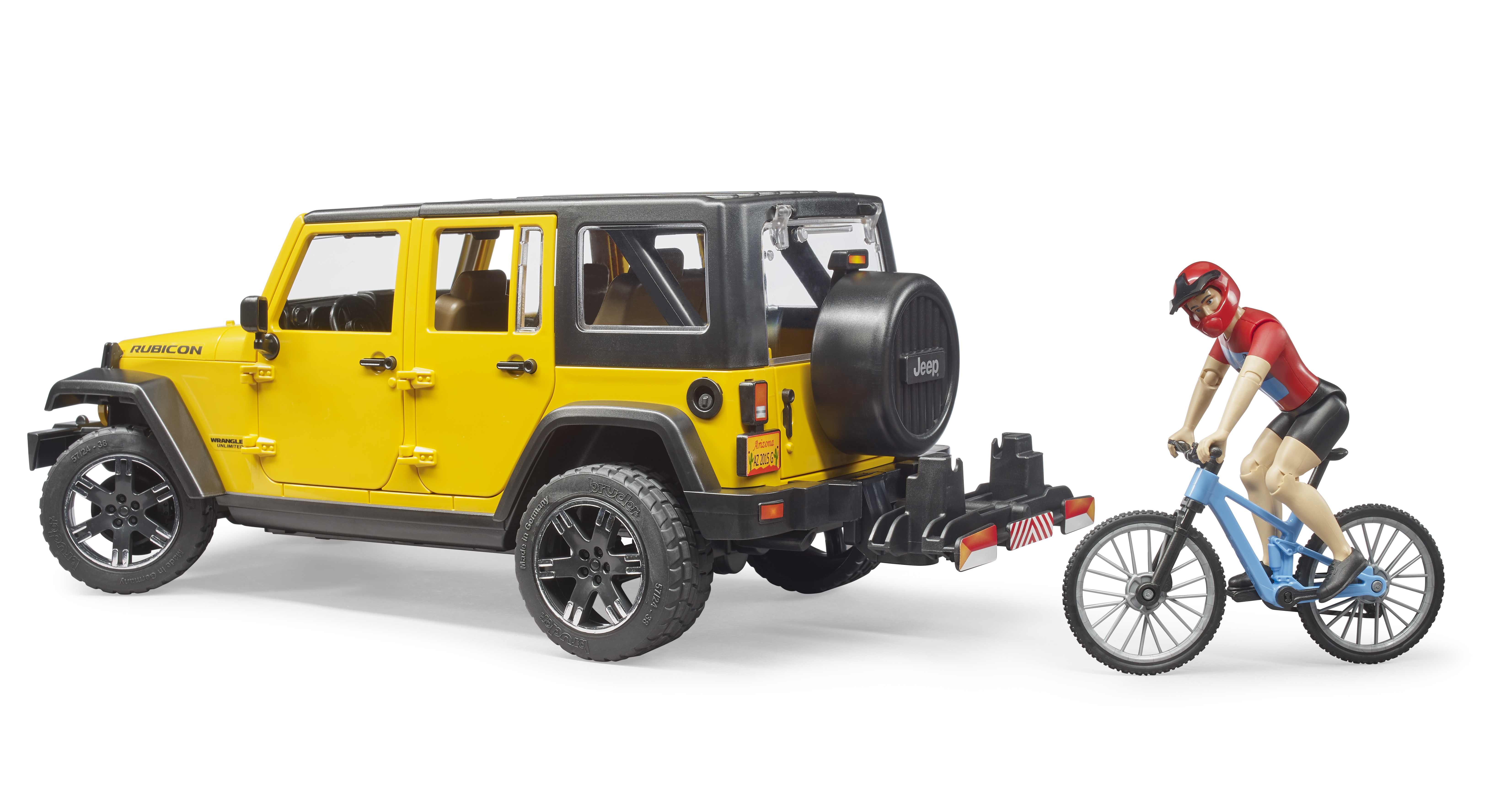 Jeep Wrangler Rubicon con ciclista con bicicleta Jeep Wrangler Rubicon con ciclista con bicicleta
