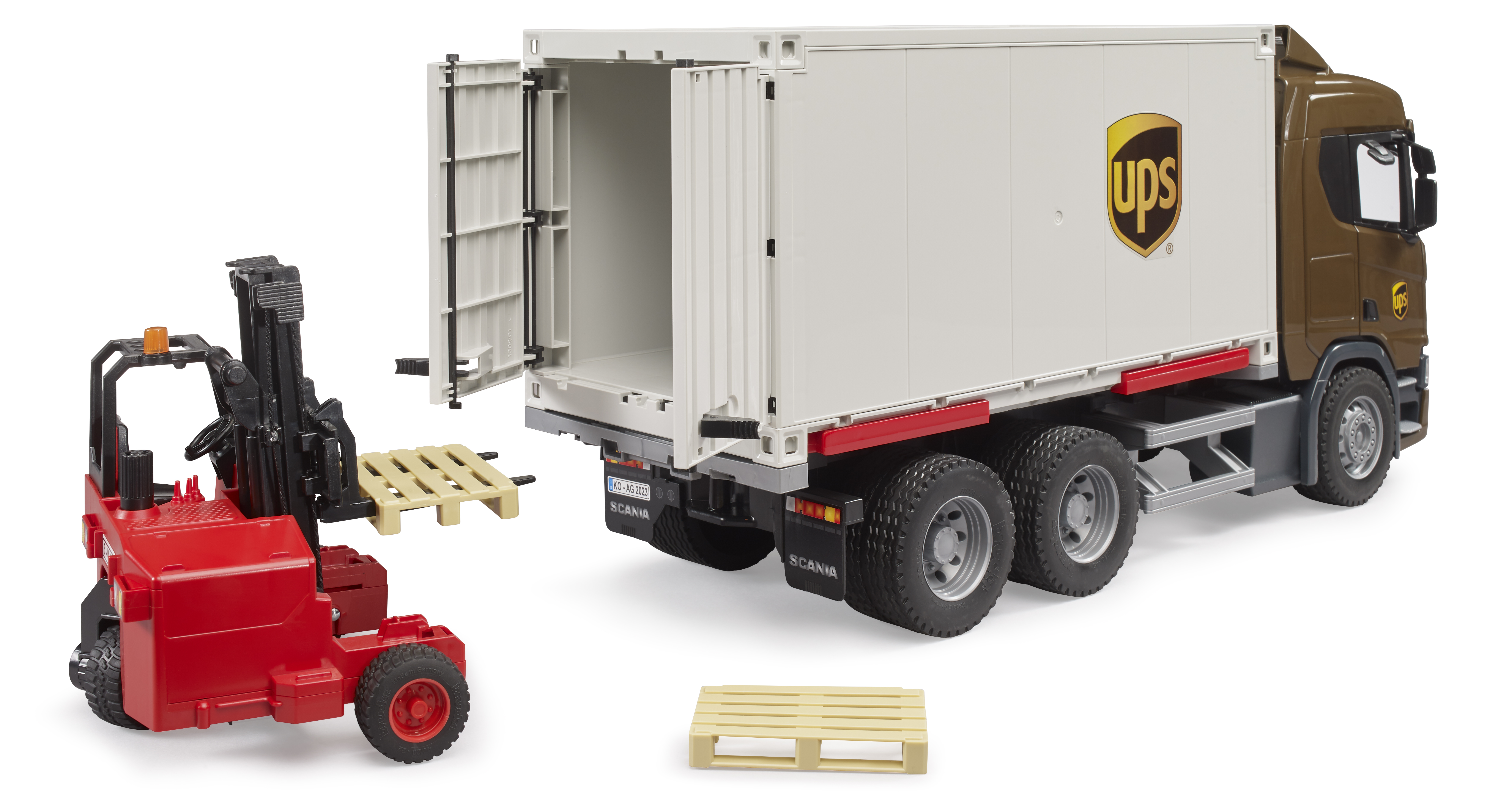 Camión logístico Scania Super 560R UPS con toro transportable Camión logístico Scania Super 560R UPS con toro transportable