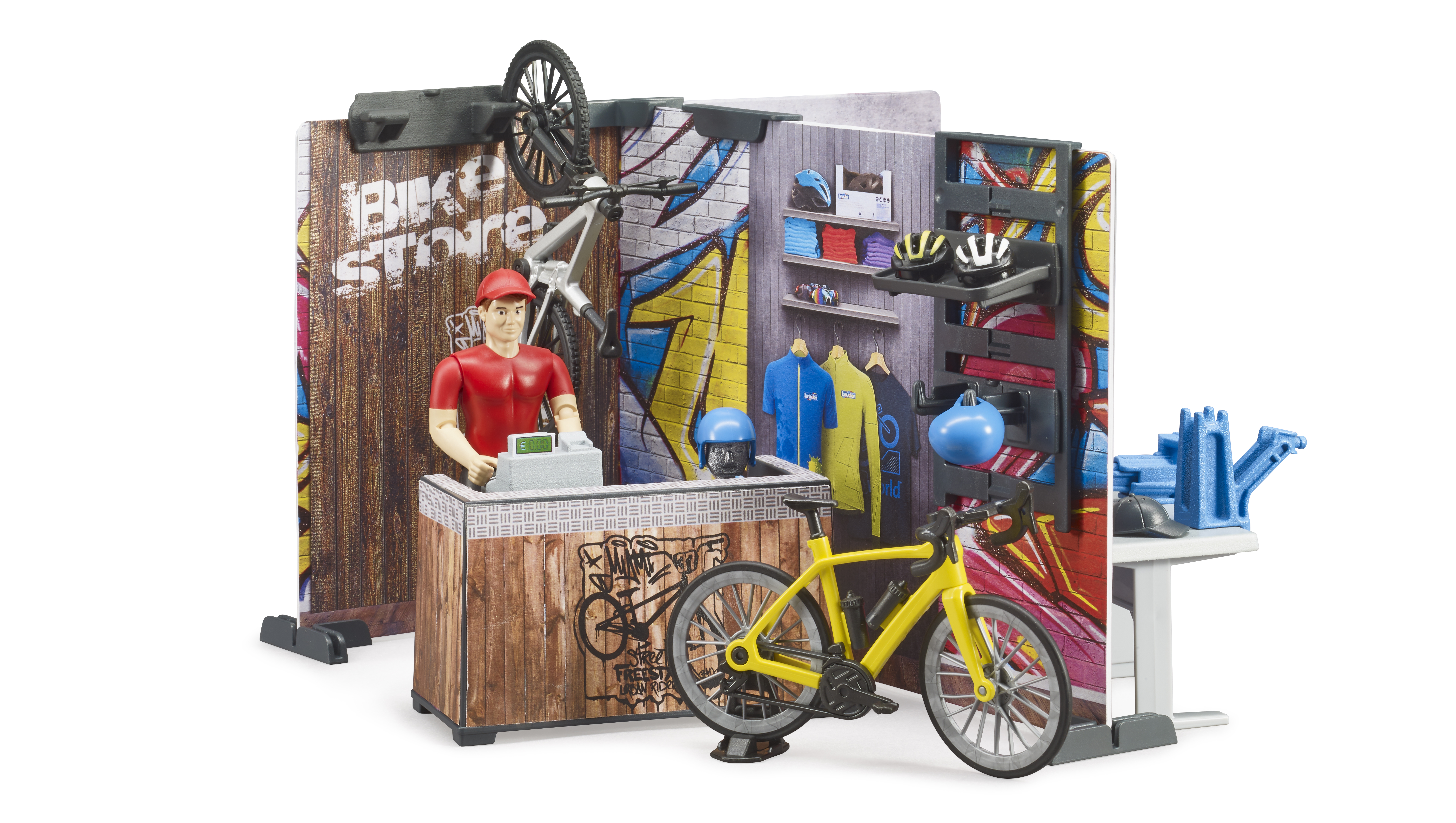 Boutique et atelier de vélos bworld avec figurine et vélos