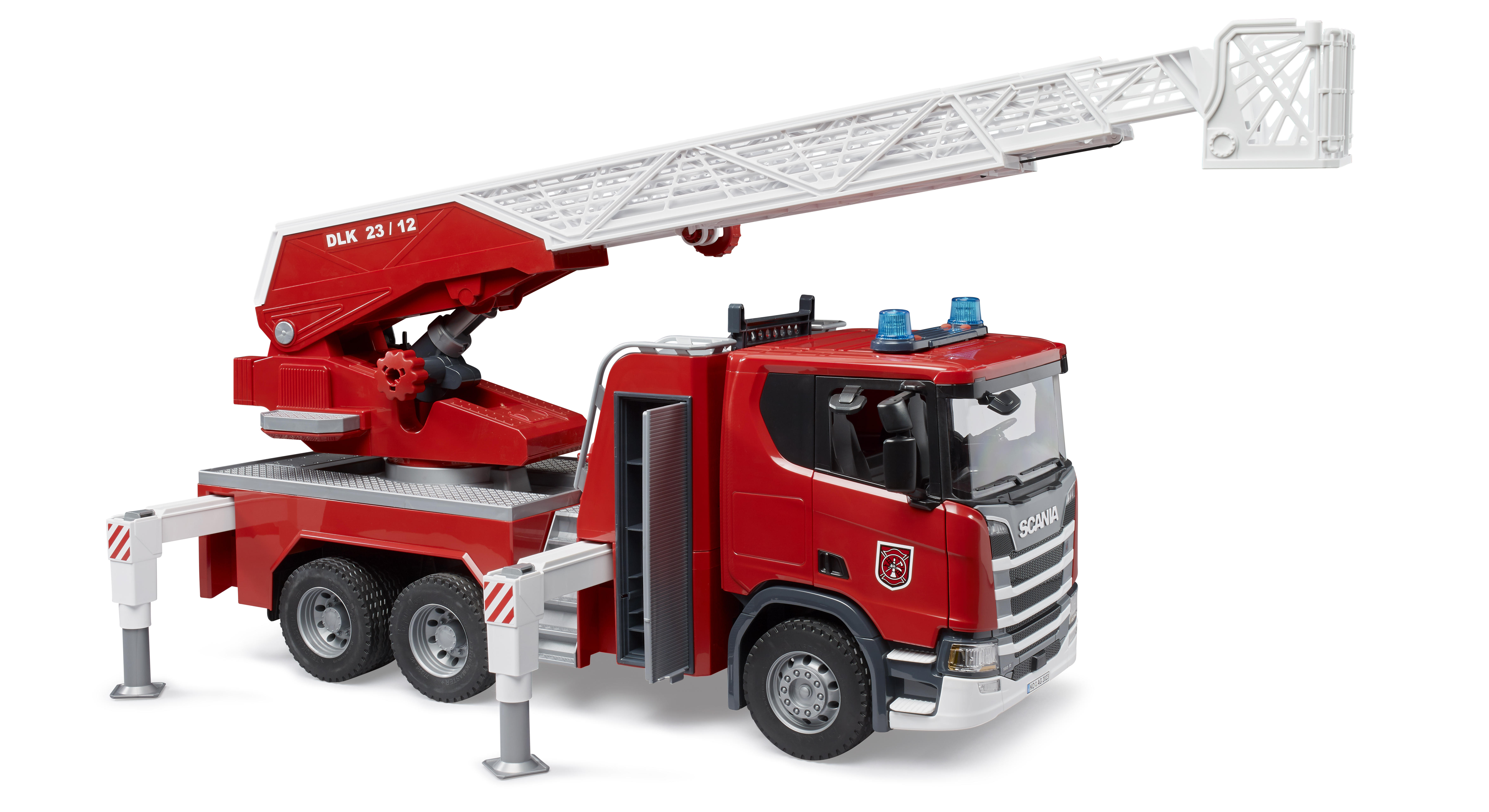 Camion de pompiers avec échelle pivotante Scania Super 560R, pompe à eau et module son + lumière Camion de pompiers avec échelle pivotante Scania Super 560R, pompe à eau et module son + lumière