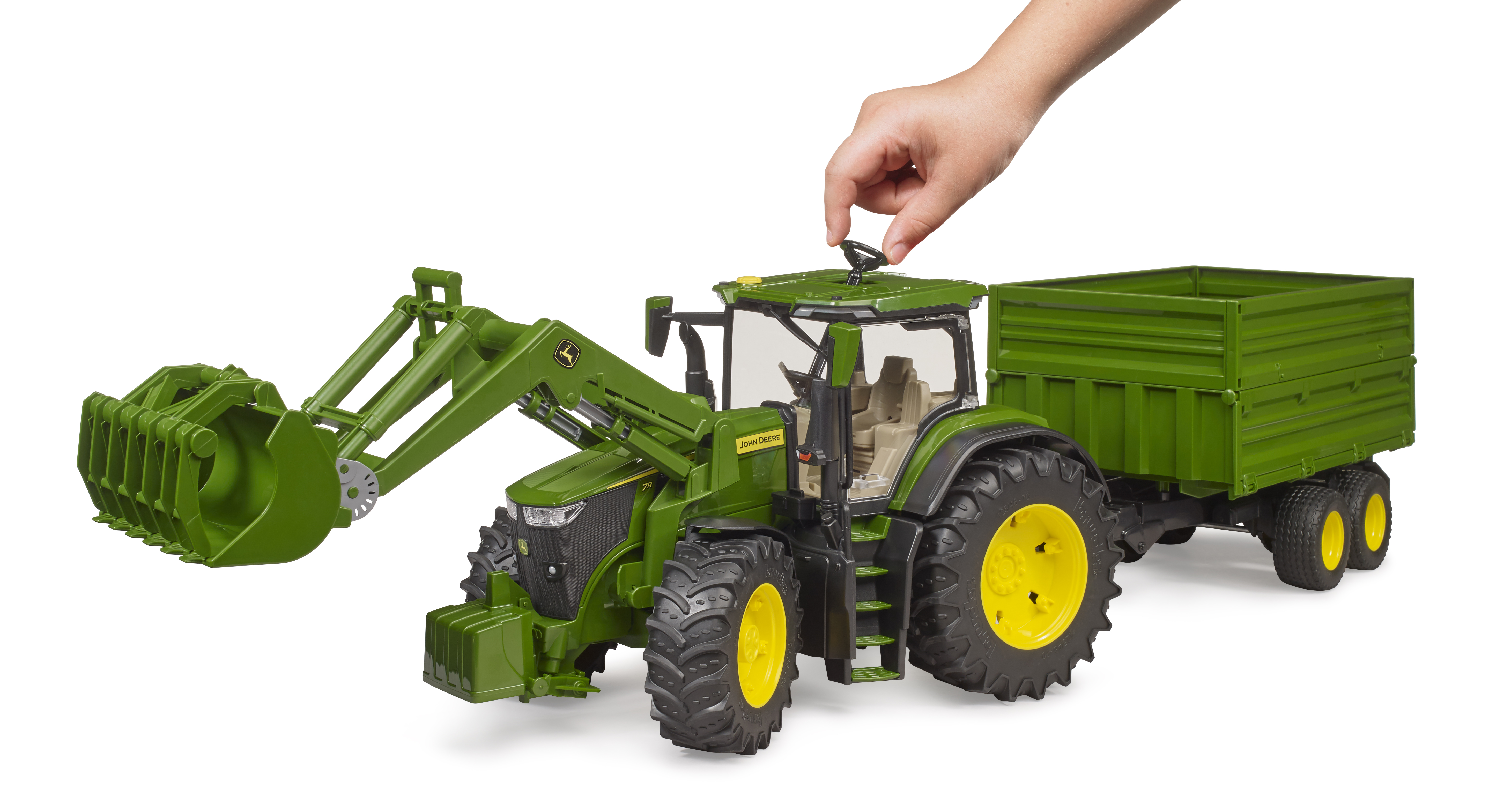 John Deere 7R avec chargeur avant et remorque avec attelage tandem John Deere 7R avec chargeur avant et remorque avec attelage tandem