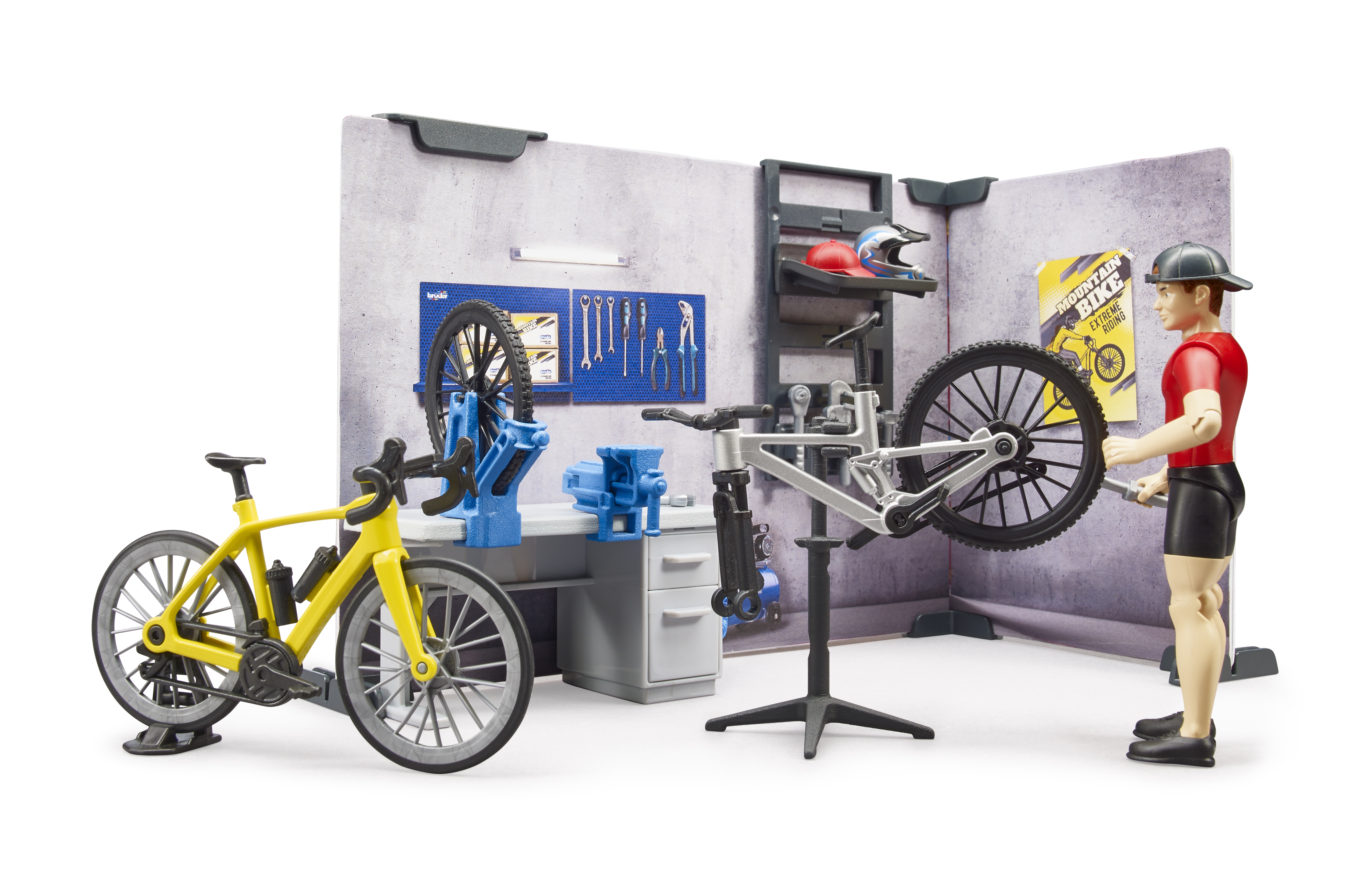 Boutique et atelier de vélos bworld avec figurine et vélos