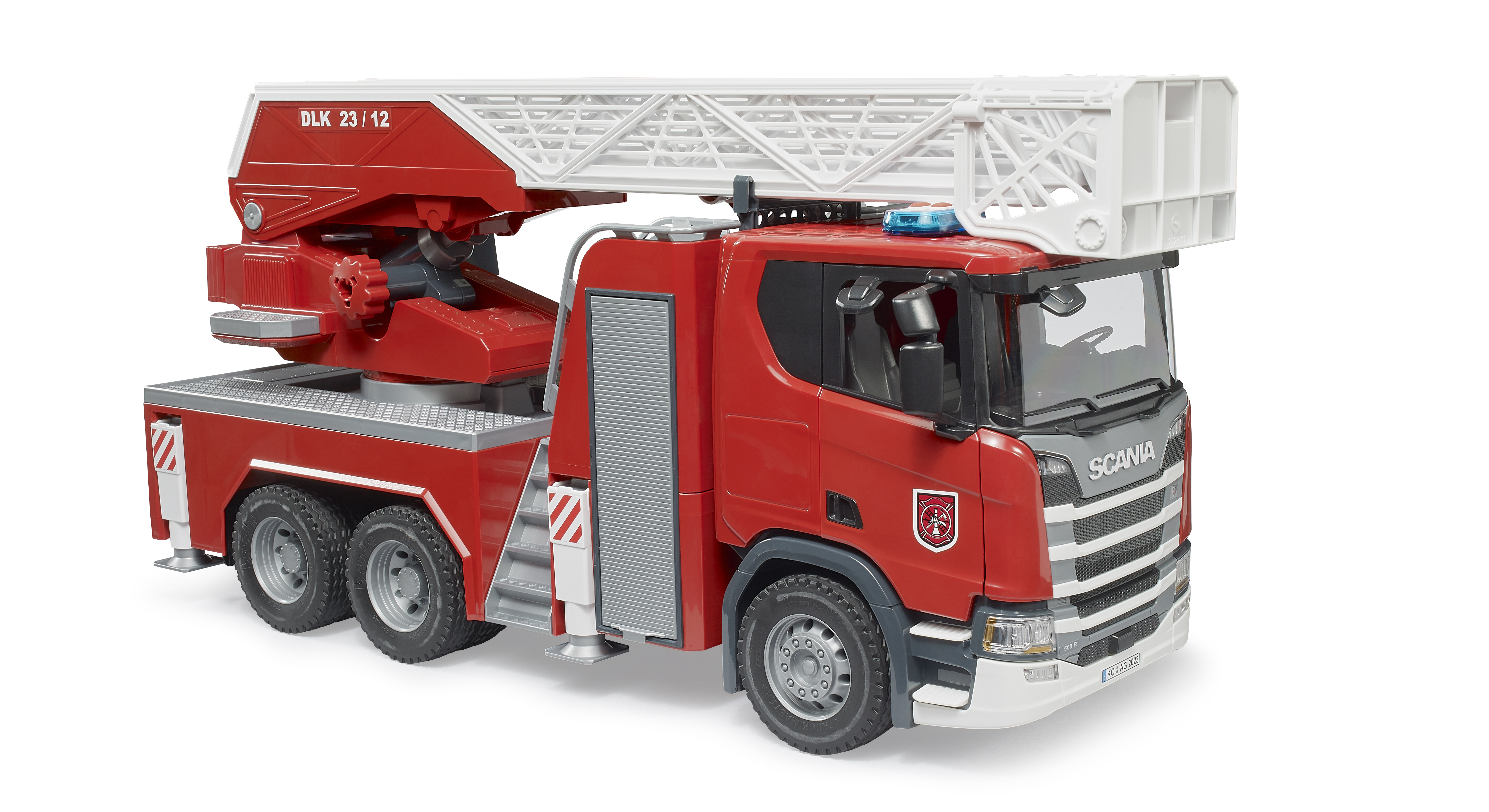 Camión de bomberos Scania Super 560R con escalera giratoria,  bomba de agua y módulo de luces y sonido