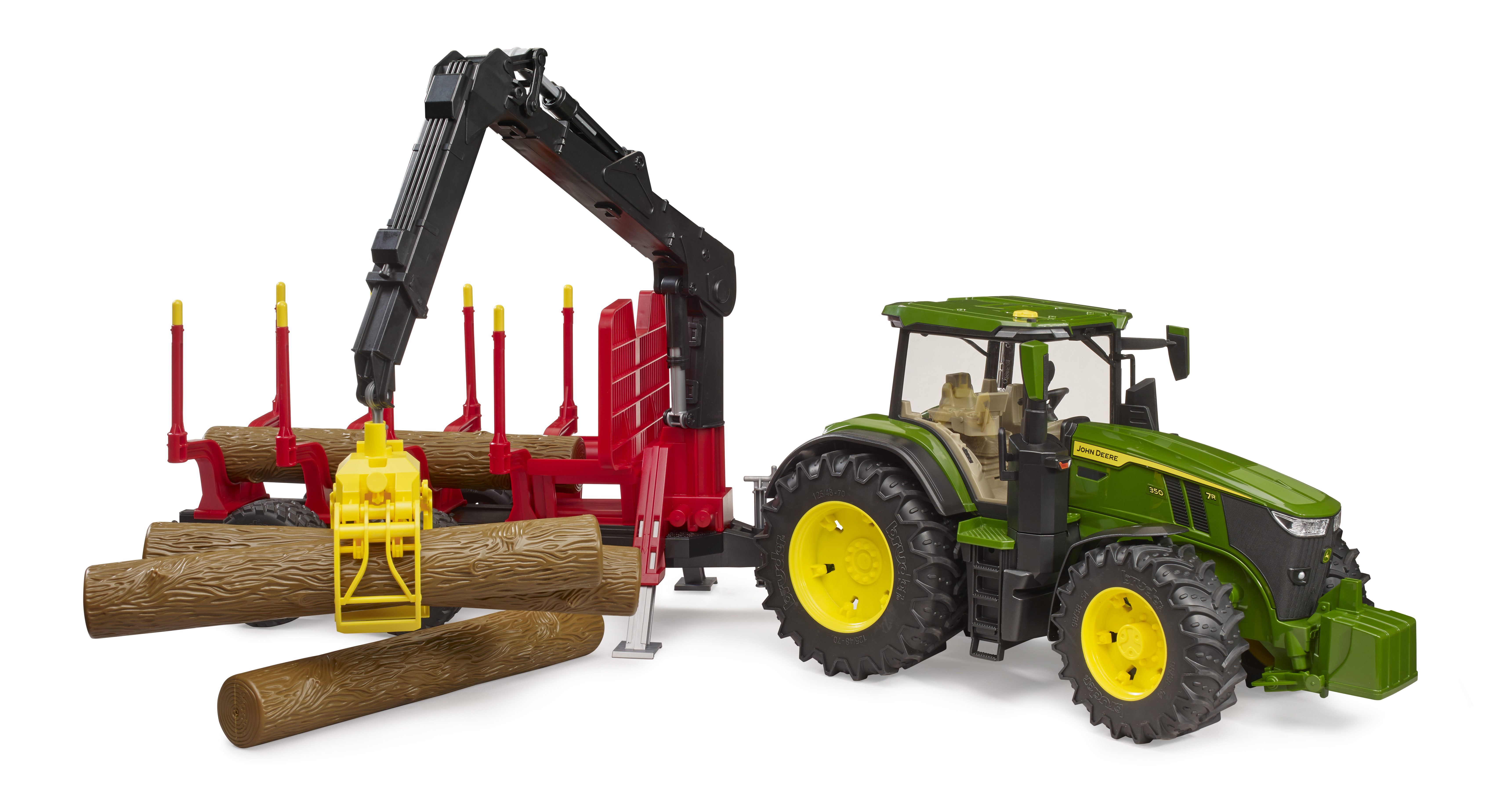 John Deere 7R con remolque autocargador y 4 troncos de árbol John Deere 7R con remolque autocargador y 4 troncos de árbol