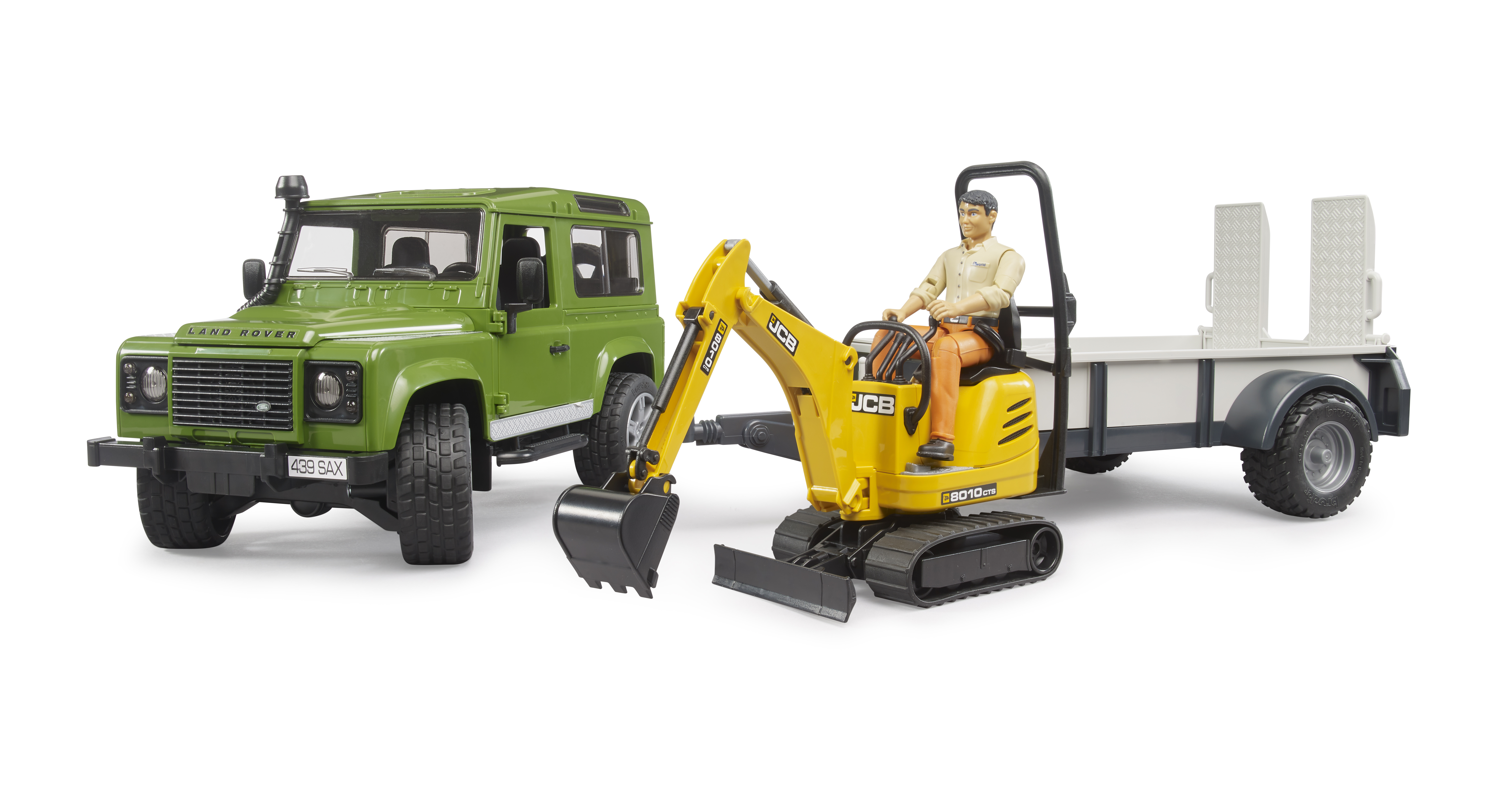 Land Rover Defender con remolque, microexcavadora JCB y figura Land Rover Defender con remolque, microexcavadora JCB y figura