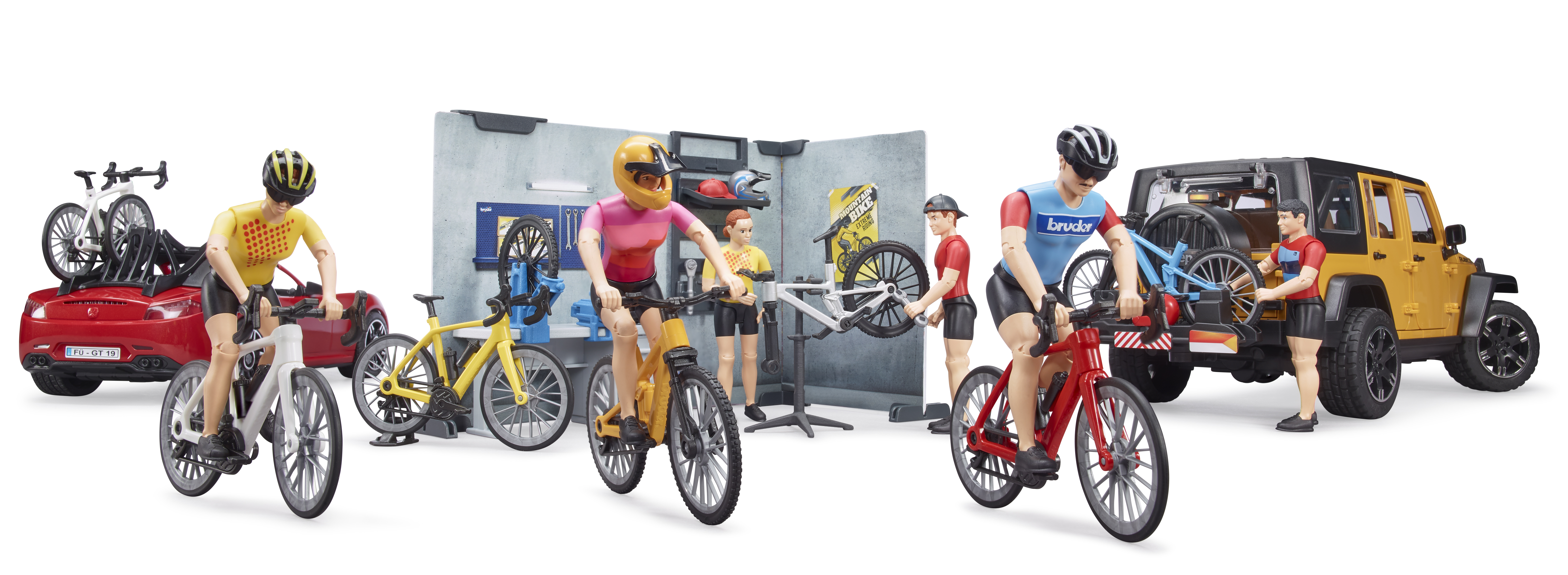 Boutique et atelier de vélos bworld avec figurine et vélos