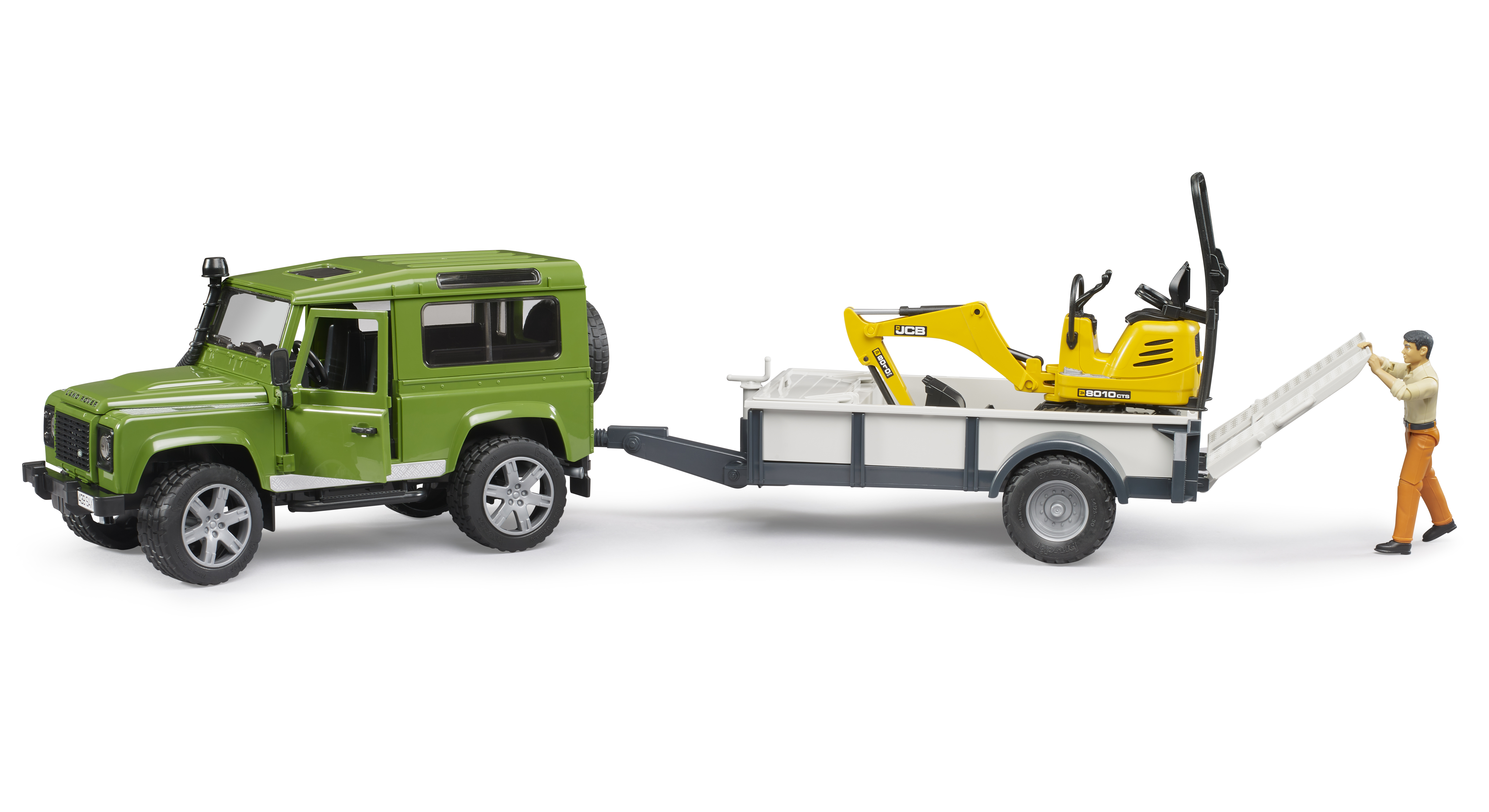 Land Rover Defender con remolque, microexcavadora JCB y figura Land Rover Defender con remolque, microexcavadora JCB y figura