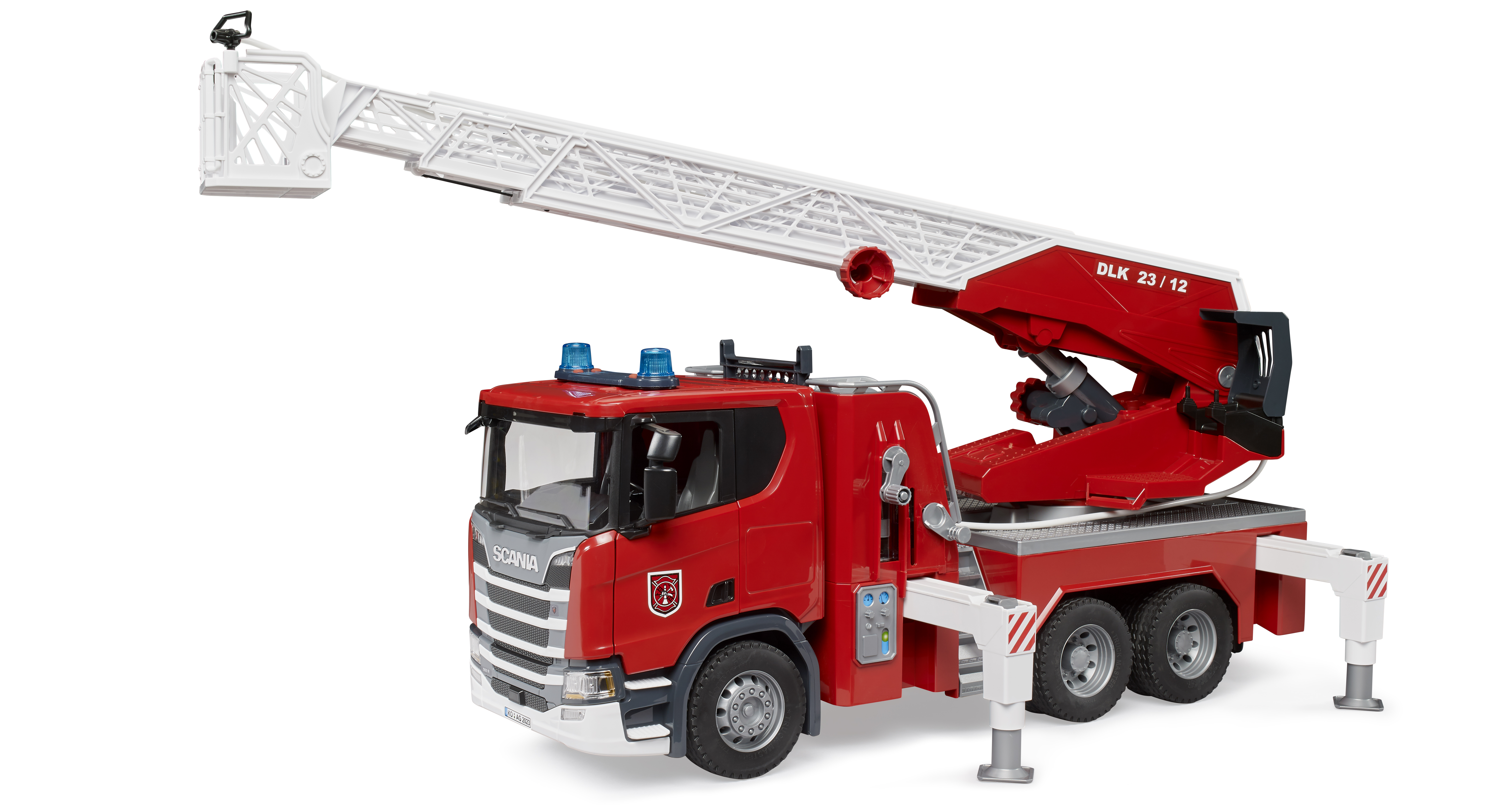 Camión de bomberos Scania Super 560R con escalera giratoria,  bomba de agua y módulo de luces y sonido