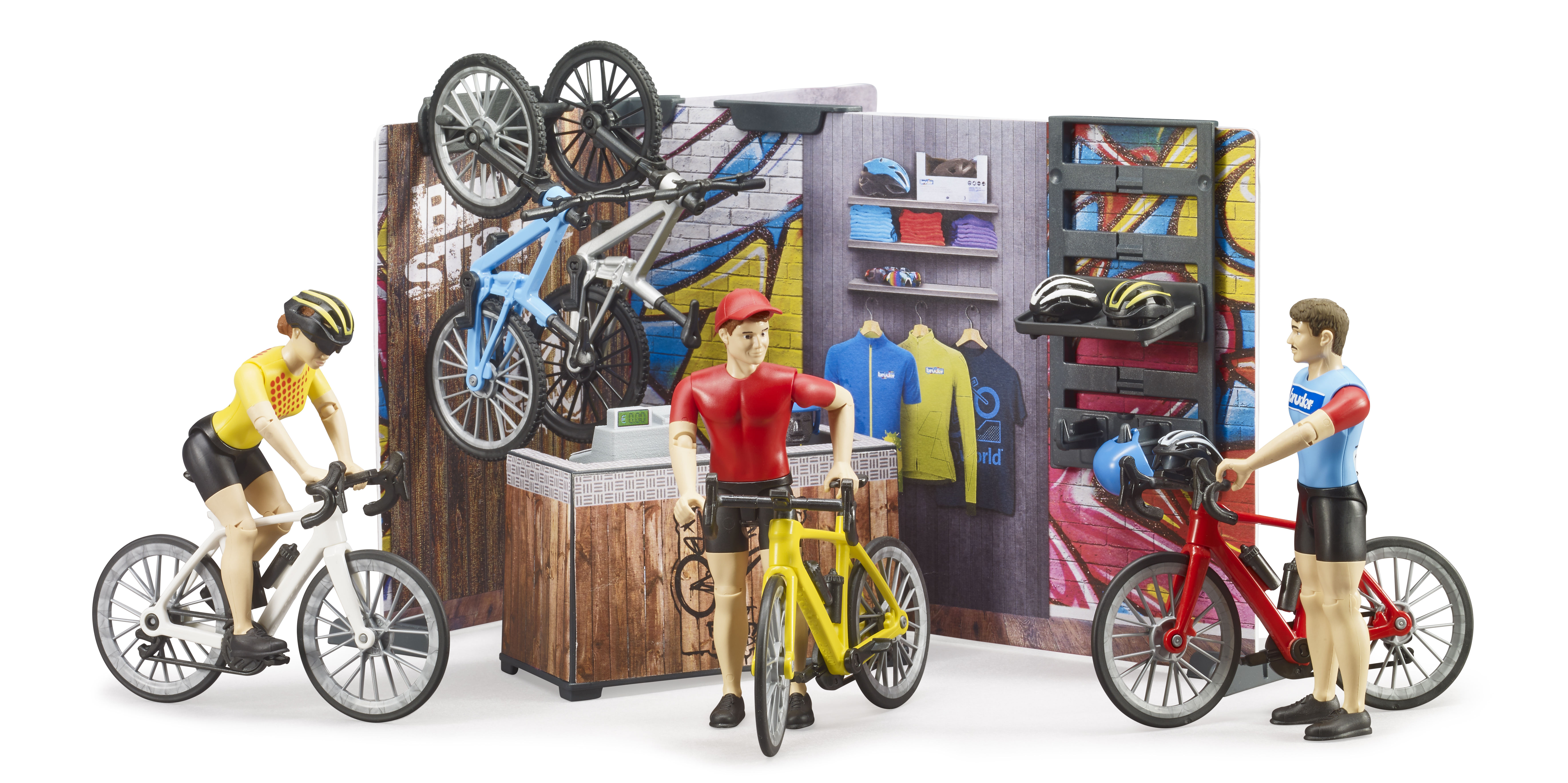 Boutique et atelier de vélos bworld avec figurine et vélos