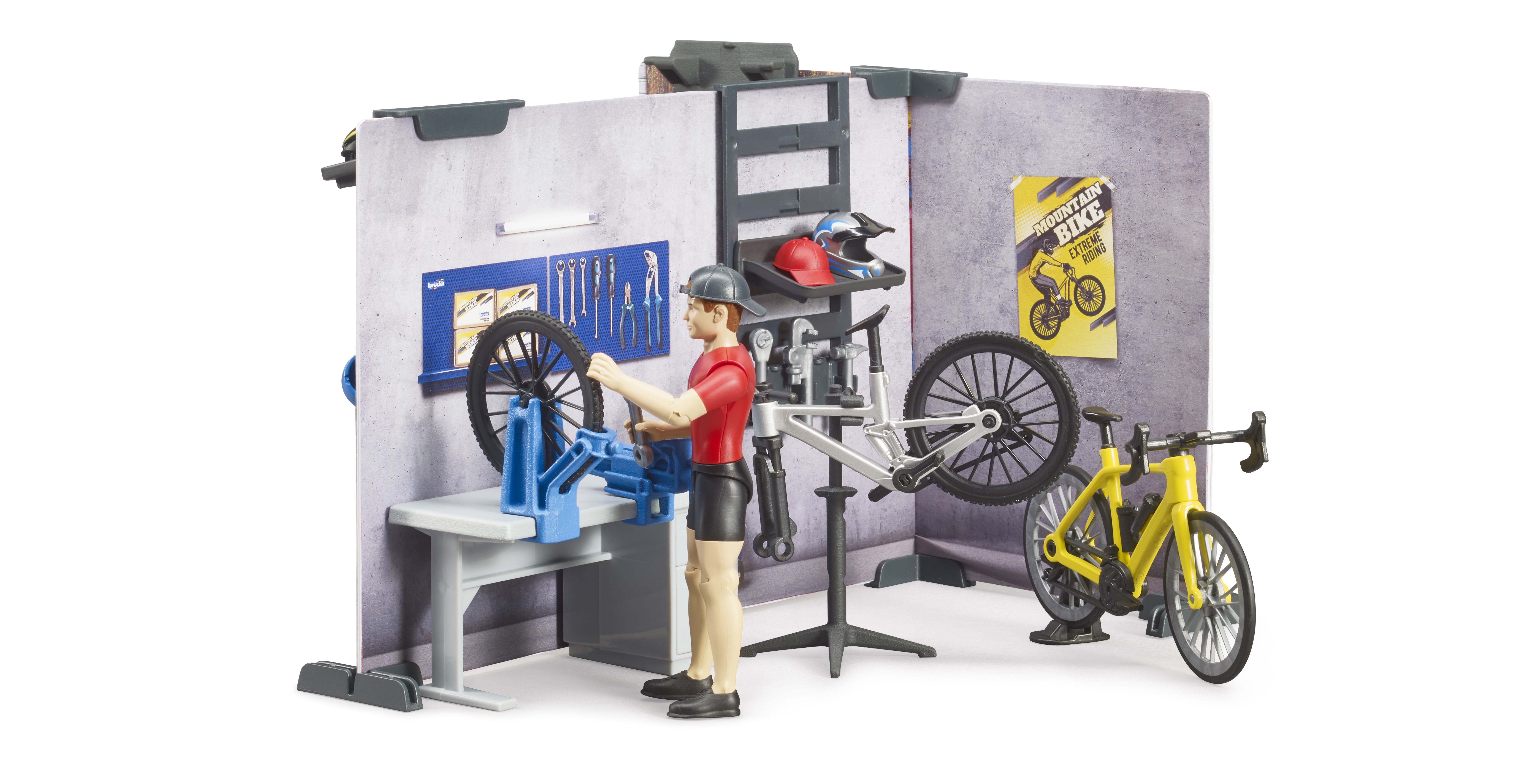 Boutique et atelier de vélos bworld avec figurine et vélos