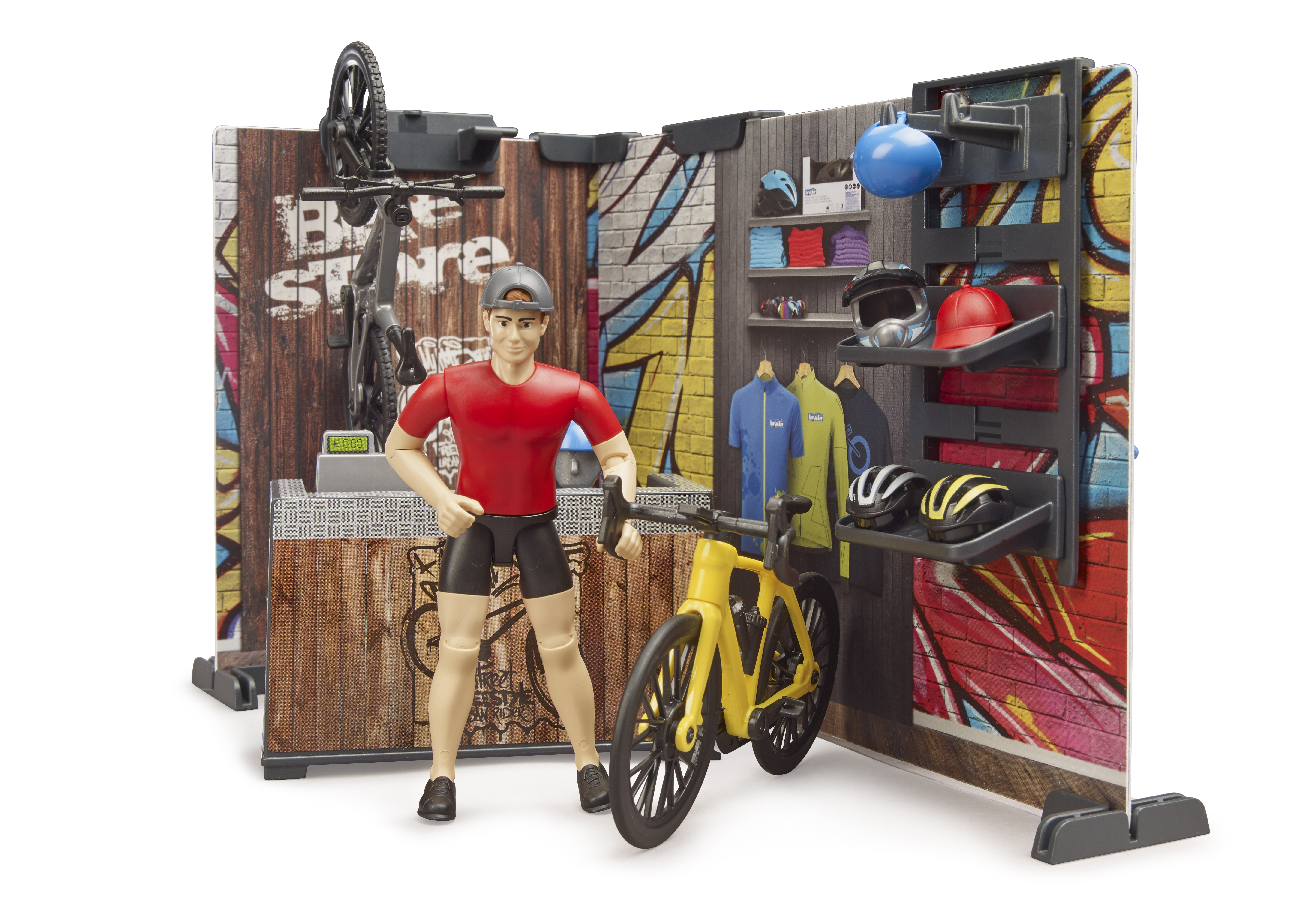 Boutique et atelier de vélos bworld avec figurine et vélos