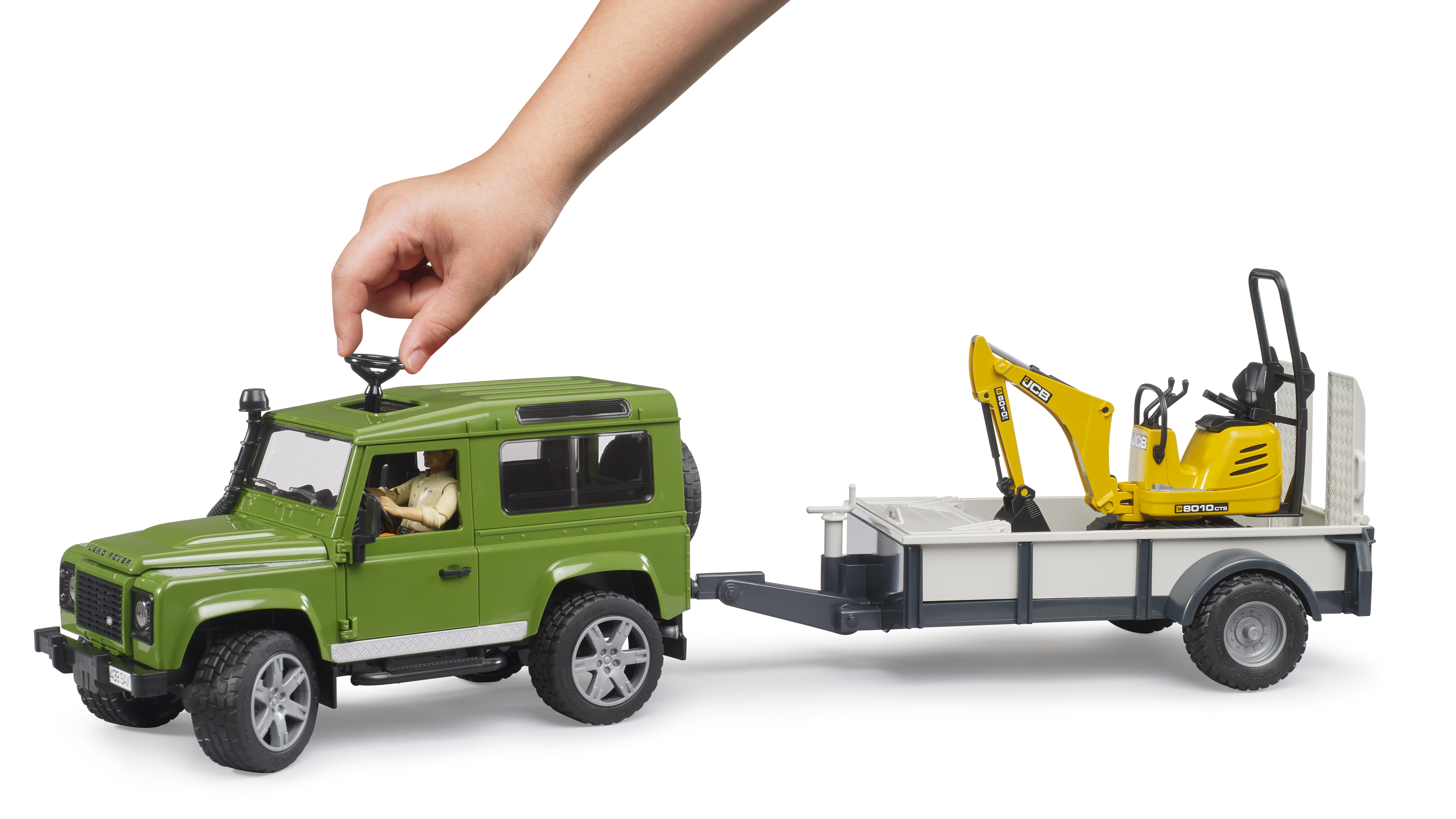 Land Rover Defender con remolque, microexcavadora JCB y figura Land Rover Defender con remolque, microexcavadora JCB y figura